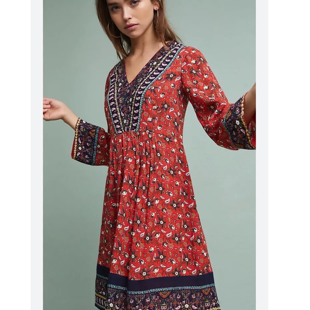 Kemi + Kin Anthropologie Red Paisley Floral Boho Mini Dress Bell Sleeve Womens S